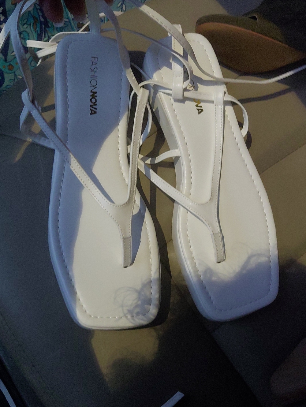 Fashion Nova White Square-Toe Strappy Toe-Loop Sandals